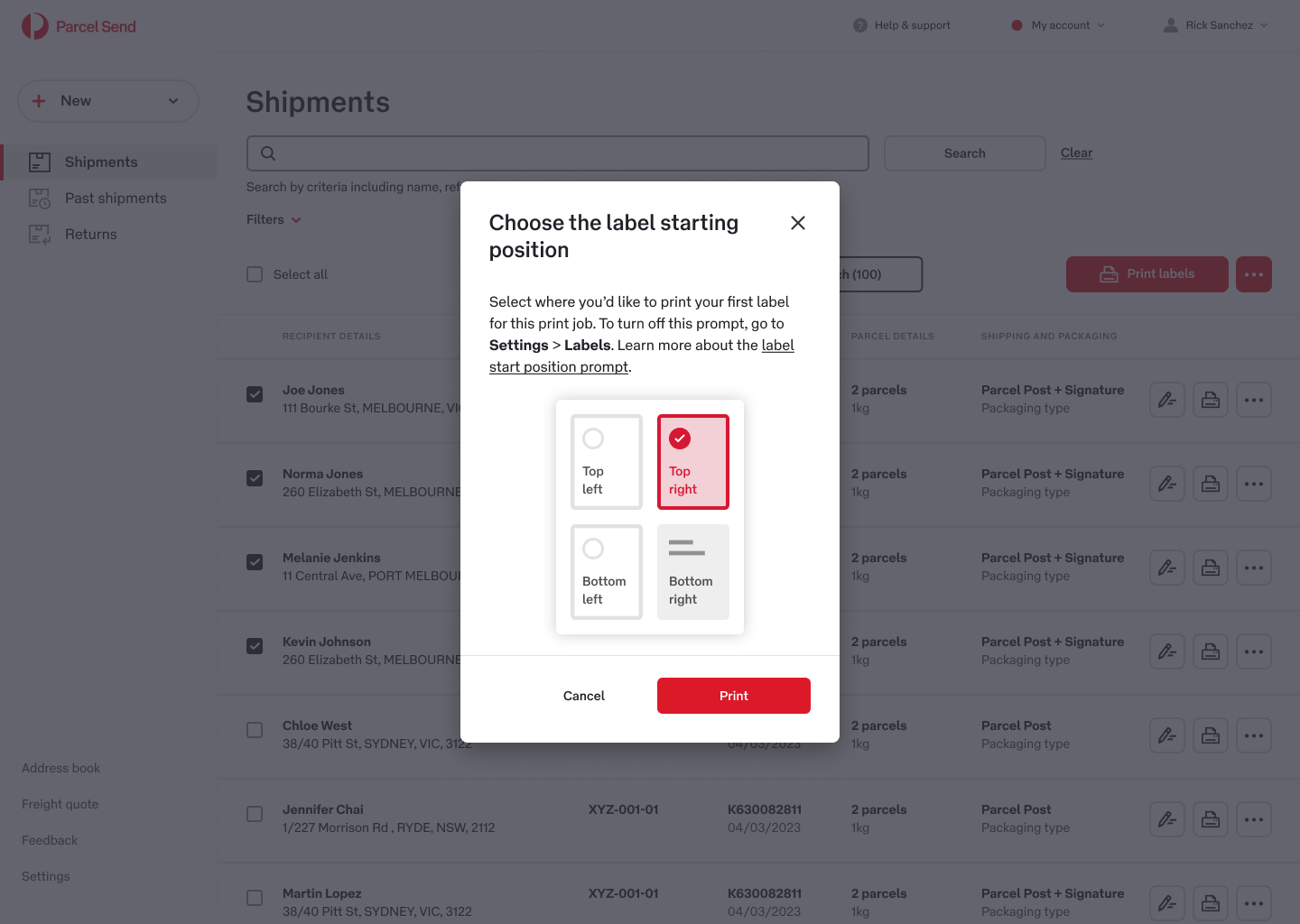 parcel send australia post modal