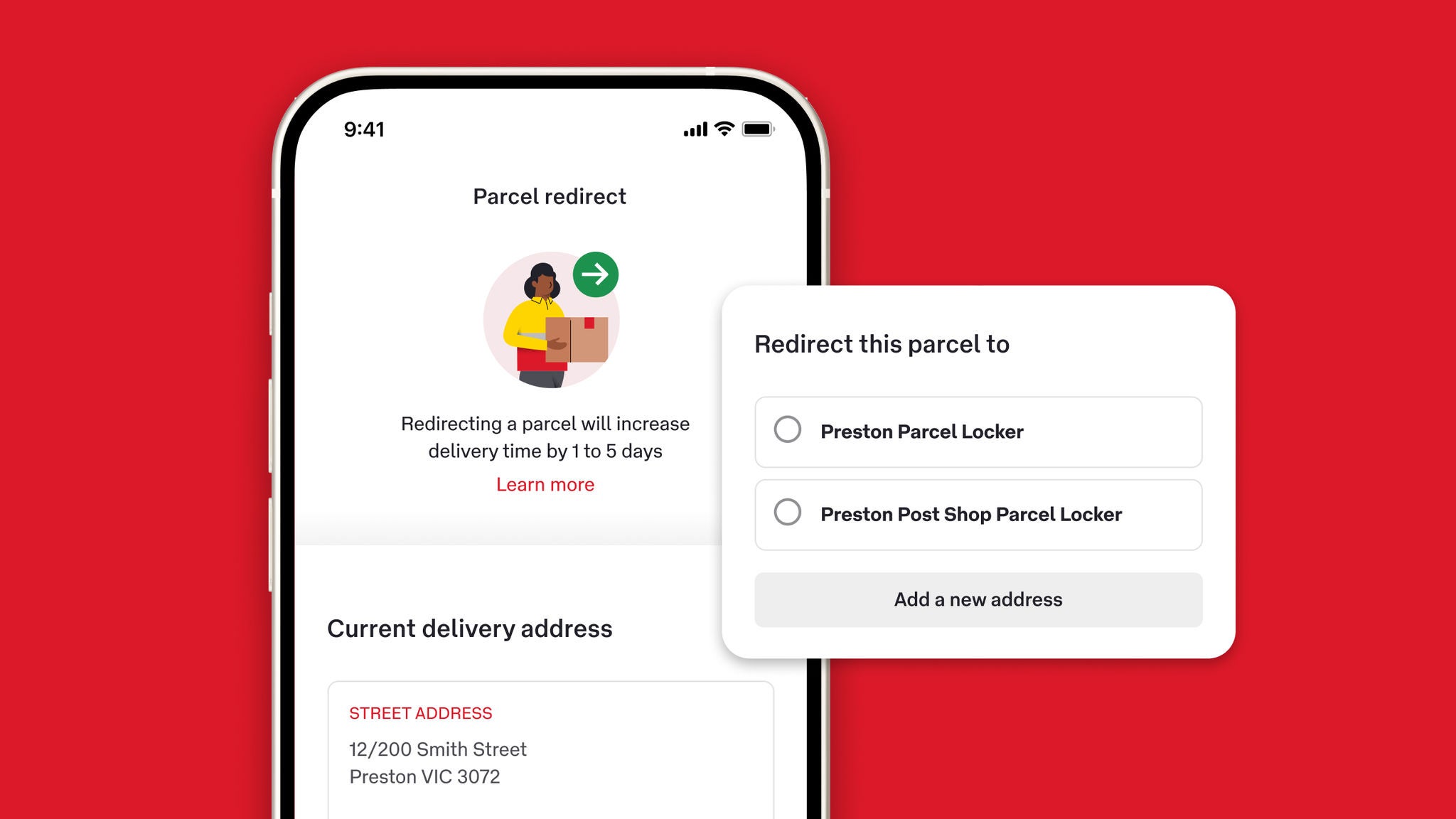 AusPost app image showing the ability to redirect parcels from within the app.