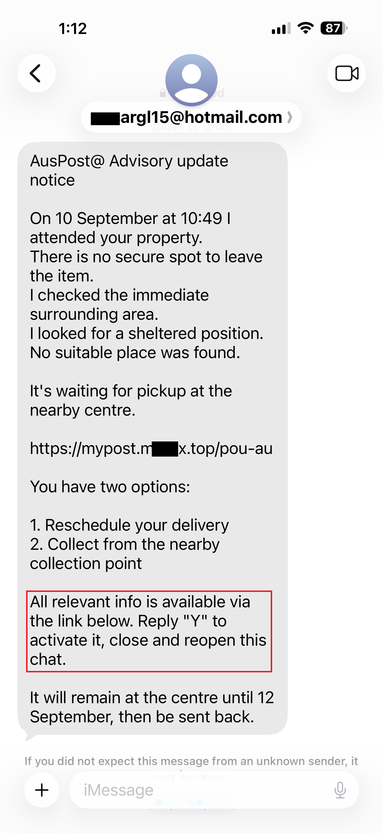 A screenshot of an iMessage claiming to be from Australia Post. The message states a parcel could not be left at the delivery address, provides a web link, and offers options to reschedule delivery or collect the item from a collection point. A section of the message has been highlighted in red.