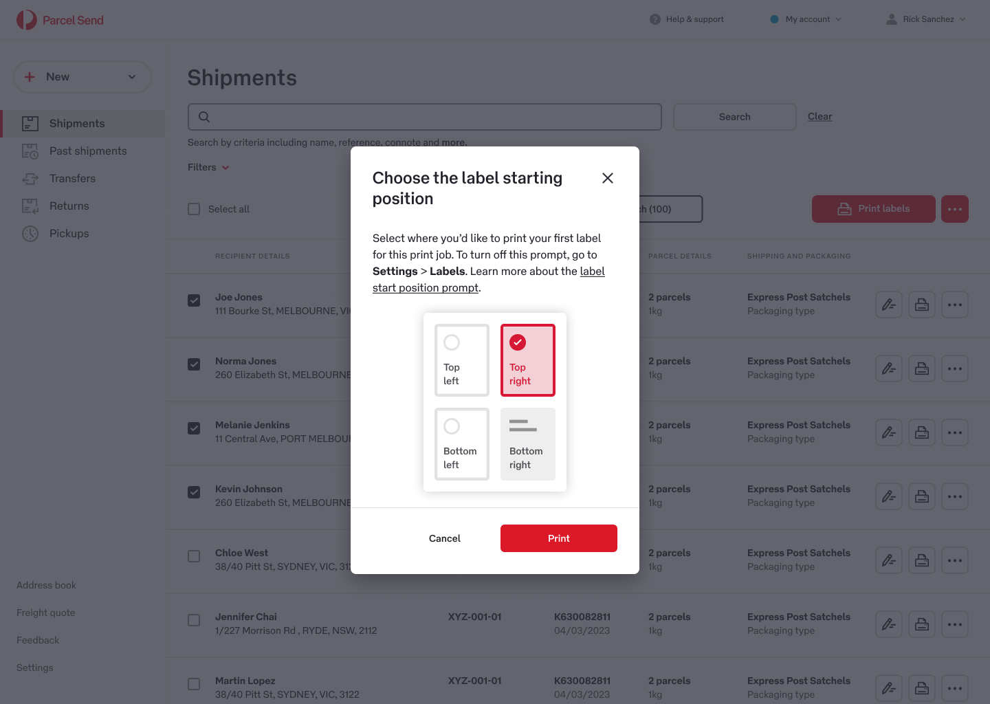 parcel send startrack modal