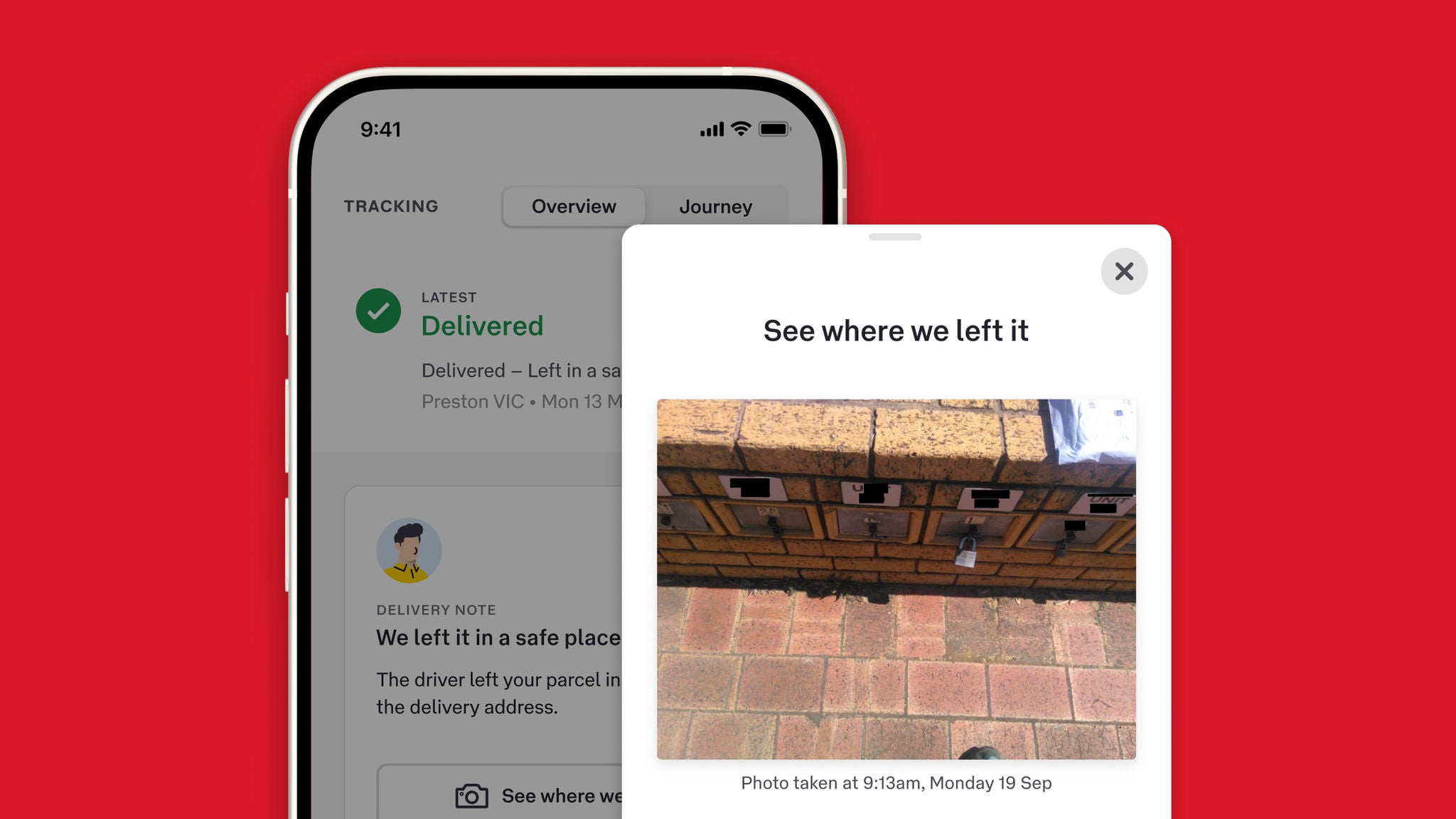 A screenshot of the AusPost app showing a photo provided by the driver to prove delivery and location