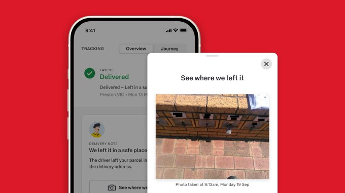 Screenshot of AusPost app on a phone screen with photo of proof of delivery