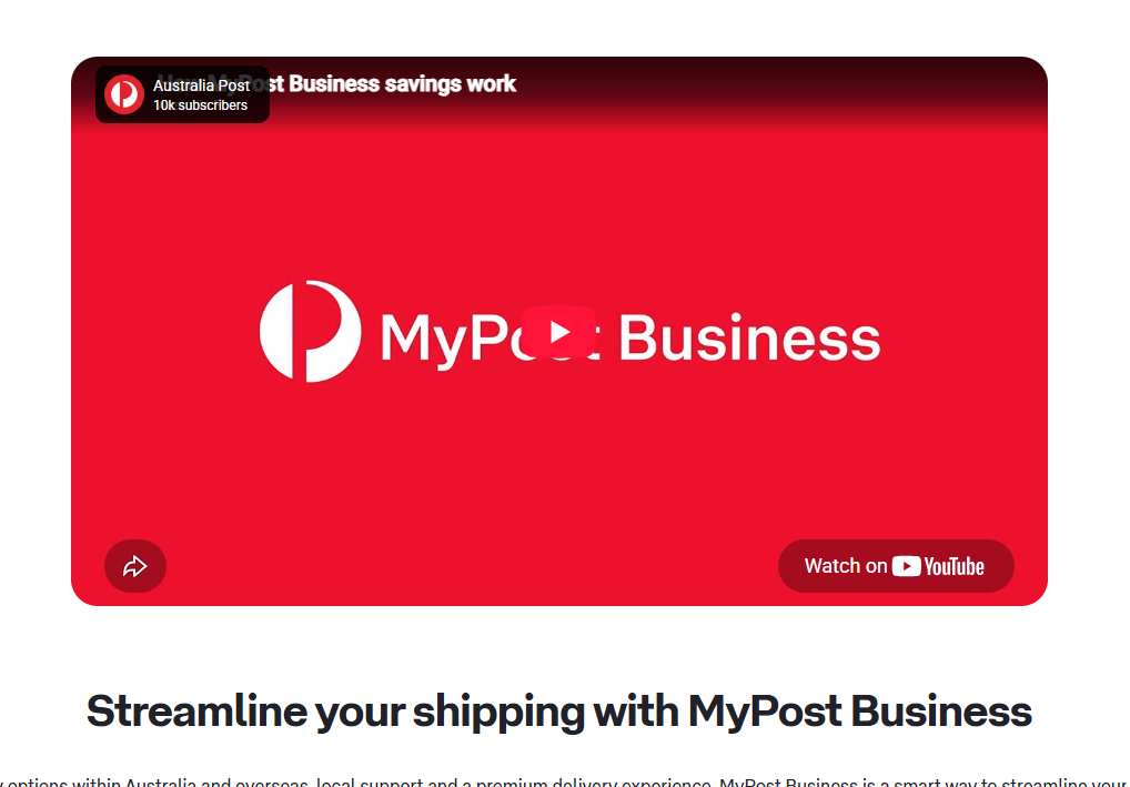 Screenshot of YouTube video with the MyPost Business logo and the text "Streamline your shipping with MyPost Business"