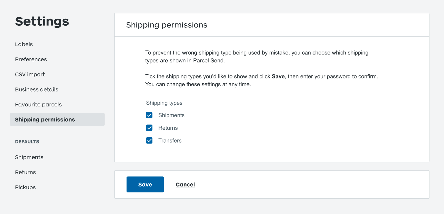 shipping permissions screen