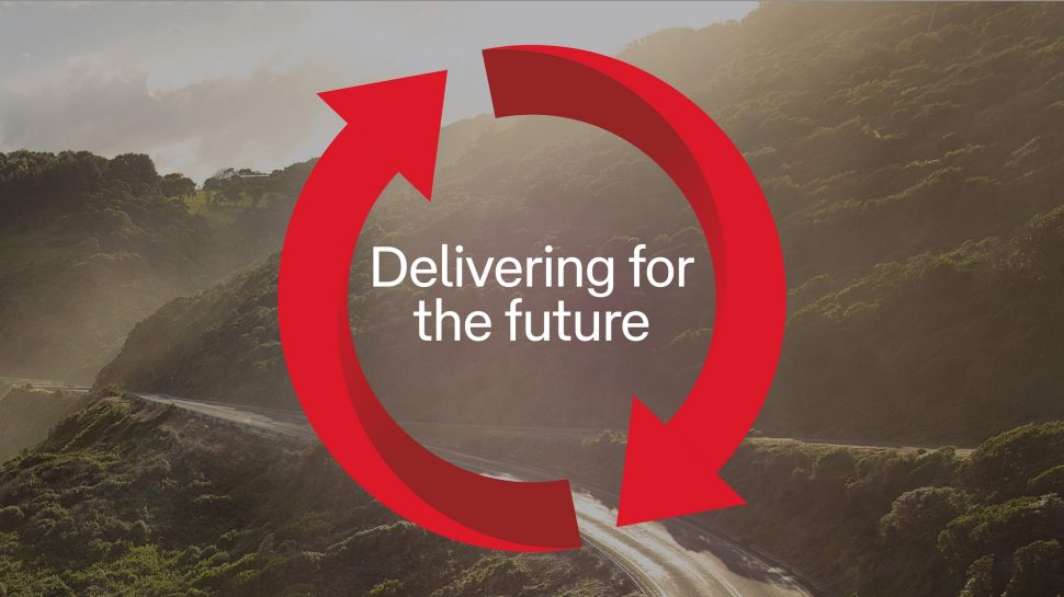 A rural Australian landscape with the text 'Delivering for the future' in the centre. Around the text are two red arrows moving in a circle