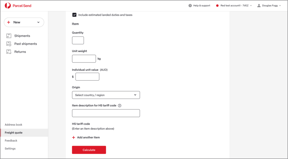 The Freight quote calculator shows the ticked ‘Include estimated landed duties and taxes’ checkbox, and below it are fields for item quantity, weight, value, origin, and HS tariff code.