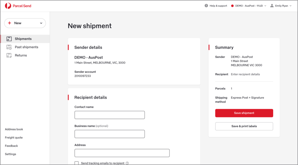 The New shipment screen shows Sender details at the top.
