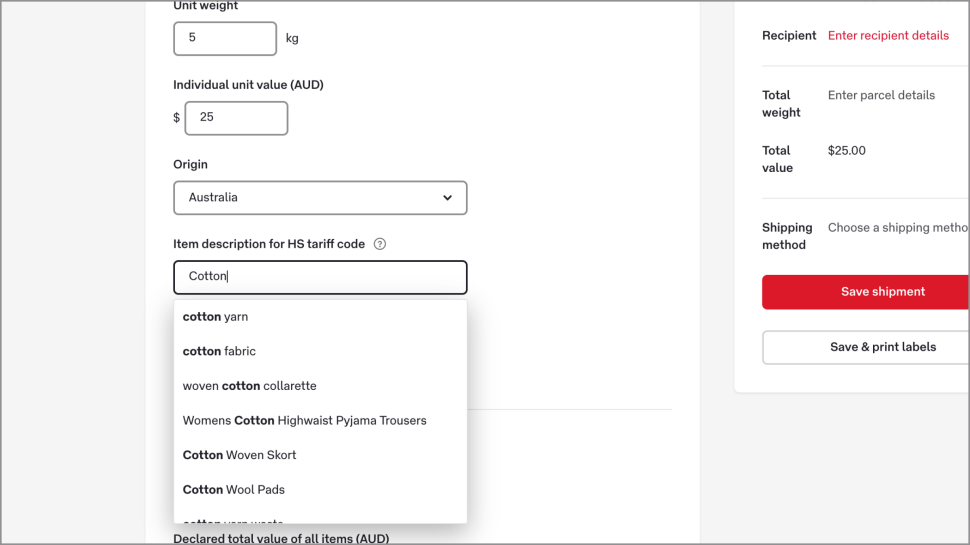 The Item description for HS tariff code field has the word ‘cotton’ typed in, and shows a drop-down list of options which include cotton, including ‘cotton yarn’, ‘cotton fabric’, and ‘cotton wool pads’.