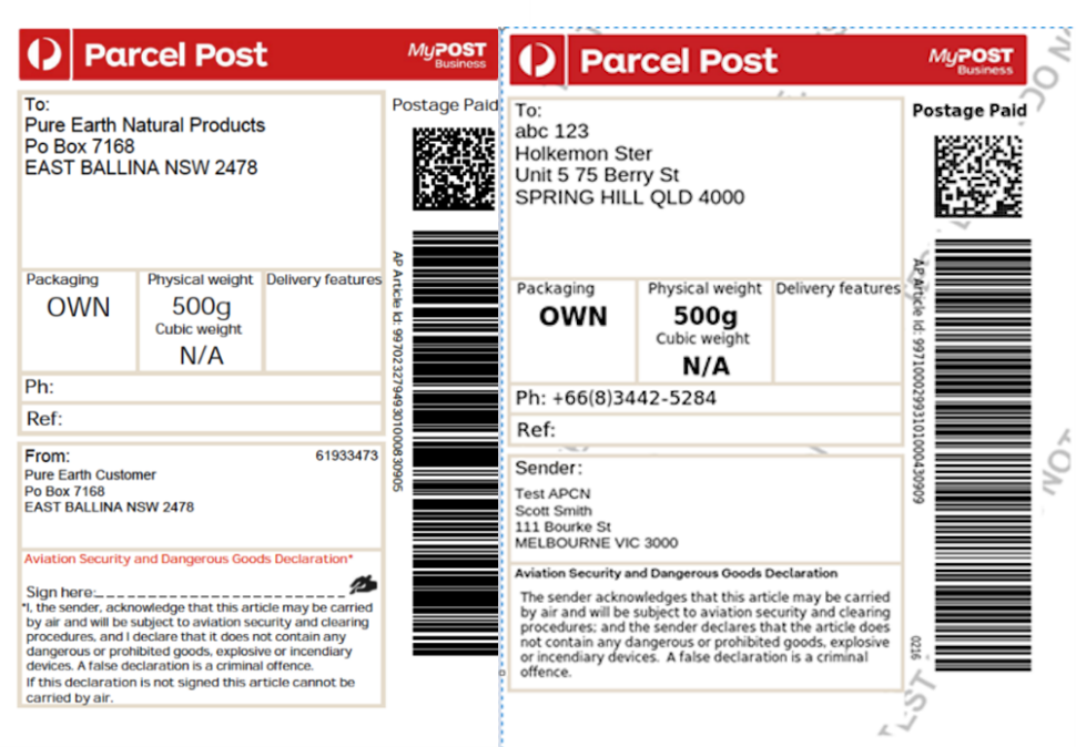 A domestic shipping label with the signature field, next to an updated domestic shipping label in which the signature field has an auto-populated acknowledgement instead of a signature.